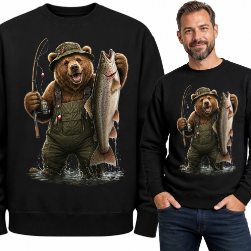 Bluza męska bez kaptura - niedźwiedź-wędkarz w woderach z dużą rybą