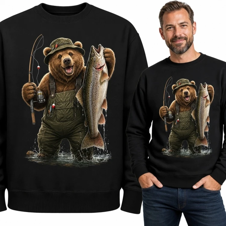 Bluza męska bez kaptura - niedźwiedź-wędkarz w woderach z dużą rybą