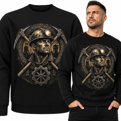 Bluza męska bez kaptura z górnikiem, kilofami i kołem zębatym - wzór retro