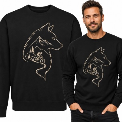 Bluza męska bez kaptura z wilkiem, górami i rowerzystą