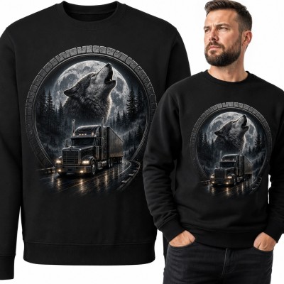 Bluza męska bez kaptura - wyjący wilk i ciężarówka na nocnej trasie
