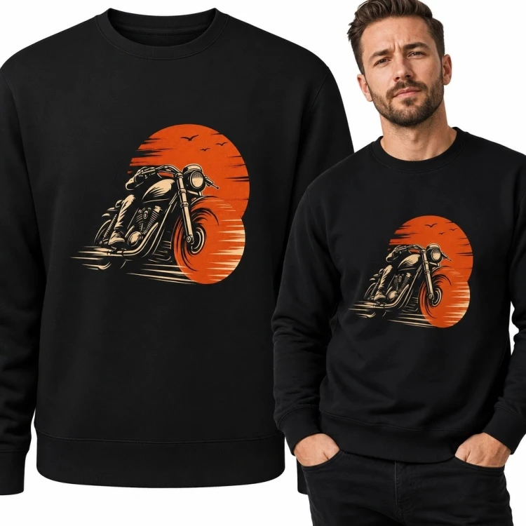 Bluza męska bez kaptura - motocykl cruiser na tle zachodu słońca