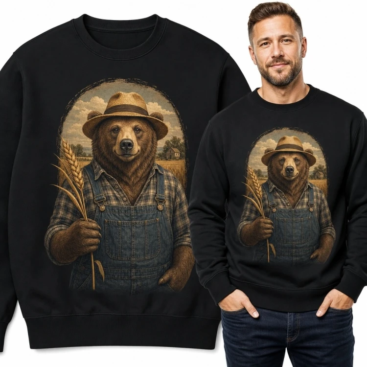Bluza męska bez kaptura - niedźwiedź farmer z kłosami zboża