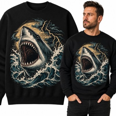 Bluza męska bez kaptura - rekin pośród sztormowych fal