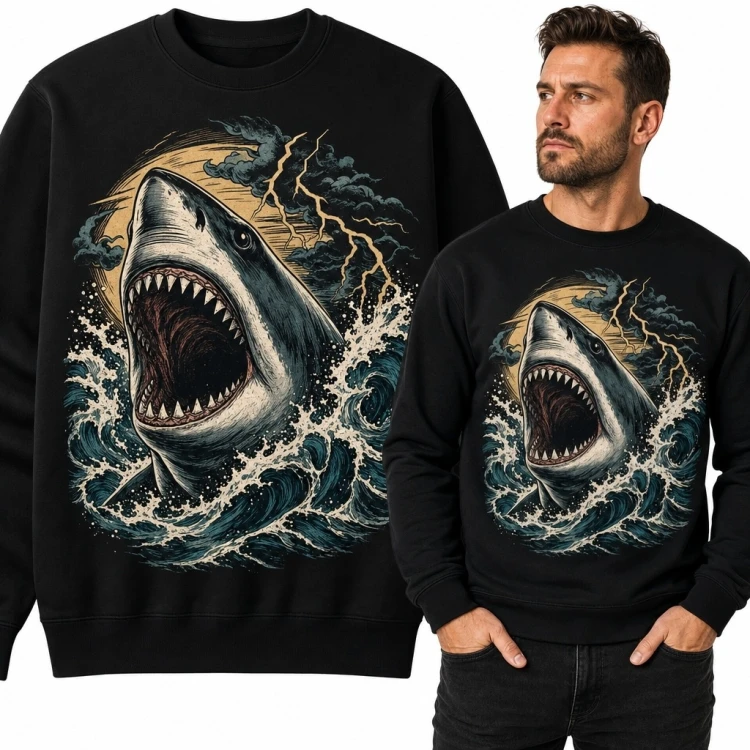 Bluza męska bez kaptura - rekin pośród sztormowych fal