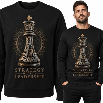 Bluza męska bez kaptura z mechanicznym królem szachowym „Strategy builds leadership” - szachy i steampunk