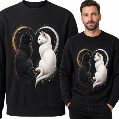 Bluza męska bez kaptura - para kotów w czerni i bieli z ogonami w kształcie serca