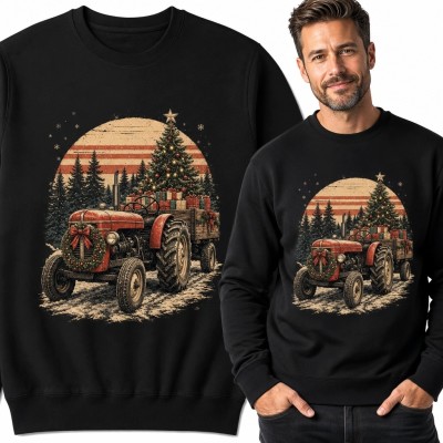 Bluza męska bez kaptura ze świątecznym traktorem w stylu retro - Boże Narodzenie