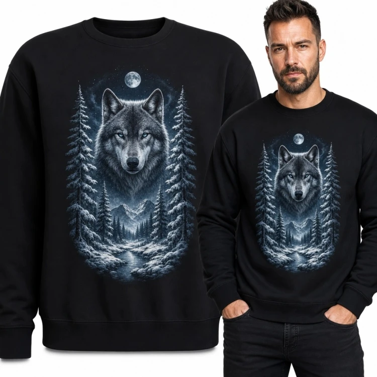 Bluza męska bez kaptura z wilkiem w zimowym lesie i pełnią księżyca