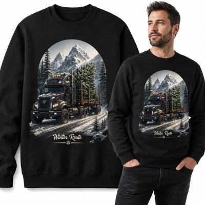Bluza męska bez kaptura z ciężarówką przewożącą drewno - zimowa górska trasa