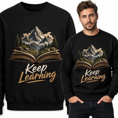 Bluza męska bez kaptura z książką i górami - „Keep Learning”