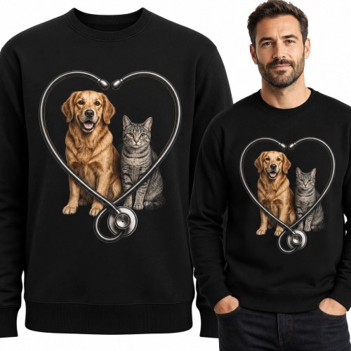 Bluza męska bez kaptura - pies i kot w sercu ze stetoskopu