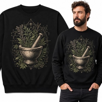 Bluza męska bez kaptura z moździerzem, ziołami i alchemicznymi diagramami
