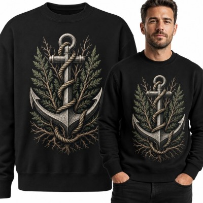 Bluza męska bez kaptura - kotwica opleciona liną wśród leśnych gałęzi