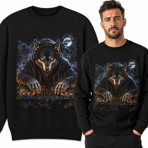 Bluza męska bez kaptura - wilk DJ przy konsolecie w nocnym mieście