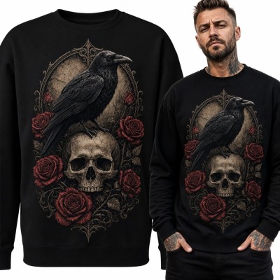Bluza męska bez kaptura - kruk na czaszce wśród czerwonych róż