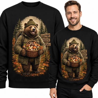 Bluza męska bez kaptura - niedźwiedź-grzybiarz z koszem grzybów