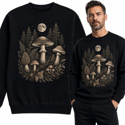 Bluza męska bez kaptura - grzyby w nocnym lesie pod księżycem