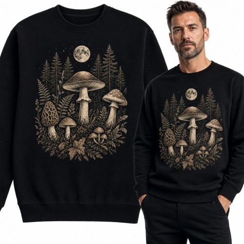 Bluza męska bez kaptura - grzyby w nocnym lesie pod księżycem