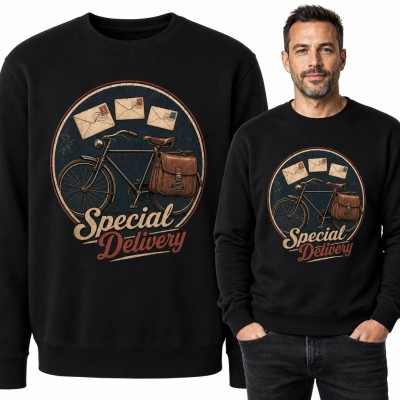 Bluza męska bez kaptura z rowerem listonosza „Special Delivery” - wzór retro