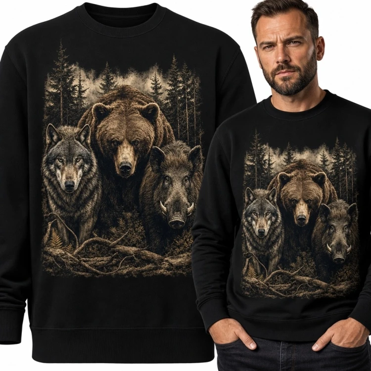 Bluza męska bez kaptura z niedźwiedziem, wilkiem i dzikiem - leśny motyw