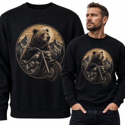 Bluza męska bez kaptura z niedźwiedziem na motocyklu - górski motyw vintage