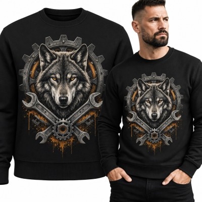 Bluza męska bez kaptura z wilkiem, kołami zębatymi i kluczami - industrialny nadruk