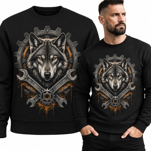 Bluza męska bez kaptura z wilkiem, kołami zębatymi i kluczami - industrialny nadruk