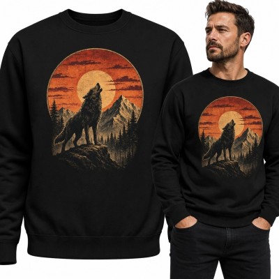Bluza męska bez kaptura z motywem wyjącego wilka - góry i zachód słońca
