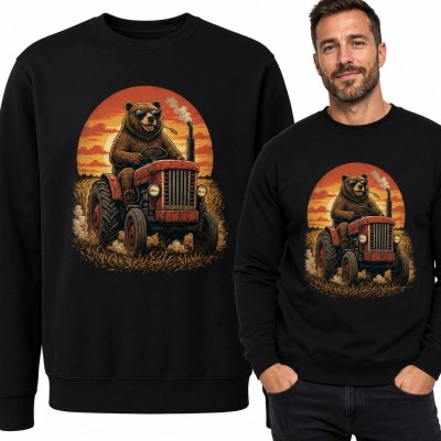 Bluza męska bez kaptura z niedźwiedziem prowadzącym czerwony traktor - rustykalny motyw retro