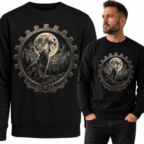 Bluza męska bez kaptura - wilk i pełnia księżyca w ramie koła zębatego