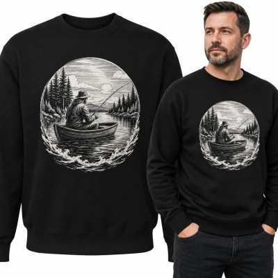 Bluza męska bez kaptura - wędkarz w łodzi na górskim jeziorze