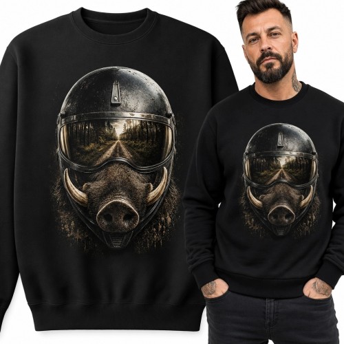 Bluza męska bez kaptura z dzikiem w kasku - mroczny motyw motocyklowy