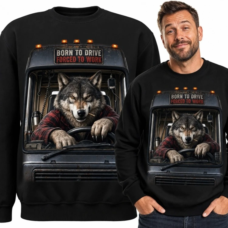 Bluza męska bez kaptura dla kierowcy ciężarówki „Born to Drive / Forced to Work” - wilk za kierownicą