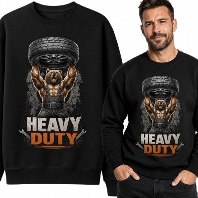Bluza męska bez kaptura z niedźwiedziem siłaczem i kołem „Heavy Duty”