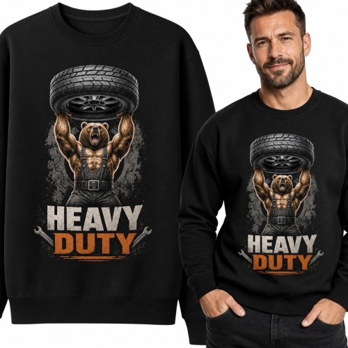 Bluza męska bez kaptura z niedźwiedziem siłaczem i kołem „Heavy Duty”