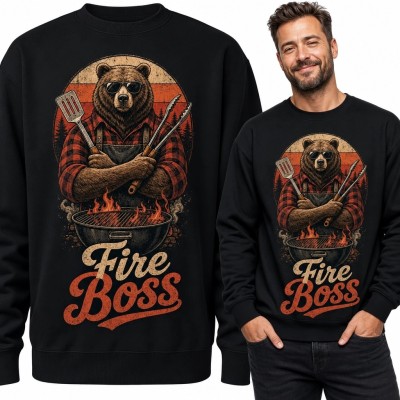 Bluza męska bez kaptura z niedźwiedziem przy grillu „Fire Boss” - retro