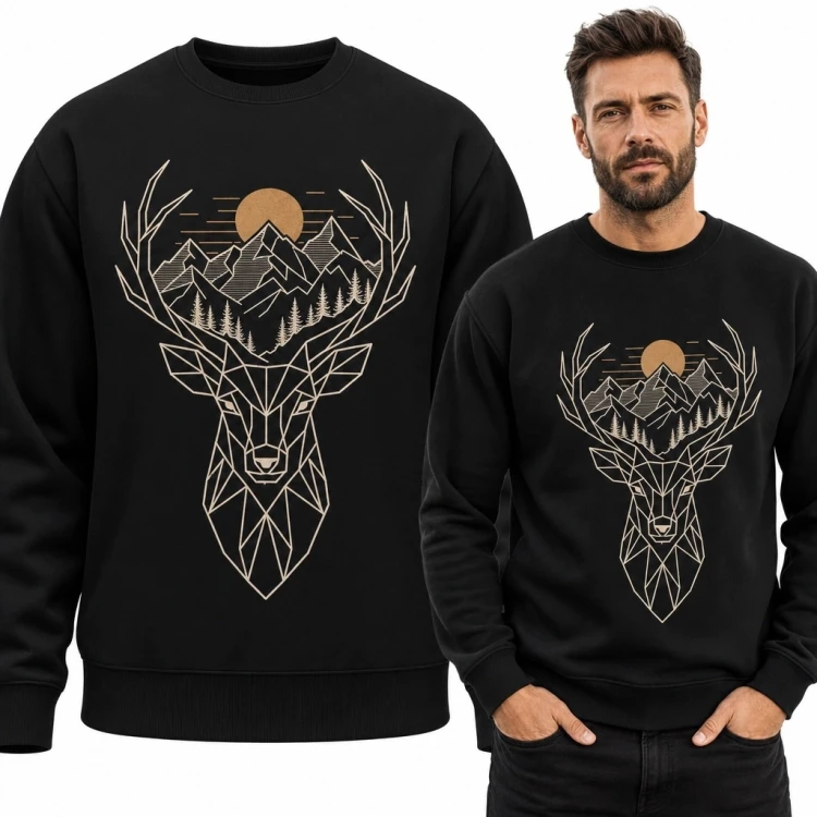 Bluza męska bez kaptura - geometryczny jeleń z górami i lasem