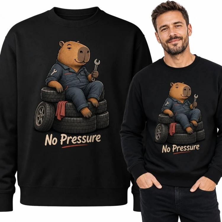Bluza męska bez kaptura z kapibarą-mechanikiem „No Pressure” - motyw motoryzacyjny