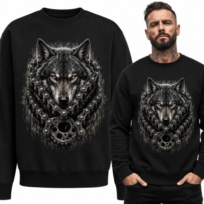 Bluza męska bez kaptura z wilkiem w mechanicznej uprzęży - mroczny nadruk