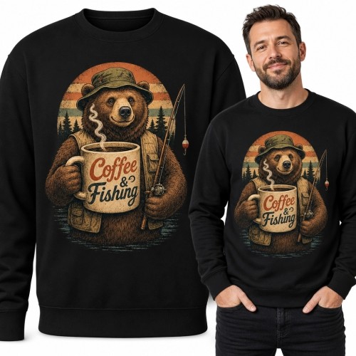Bluza męska bez kaptura z niedźwiedziem „Coffee &amp; Fishing” - dla wędkarza