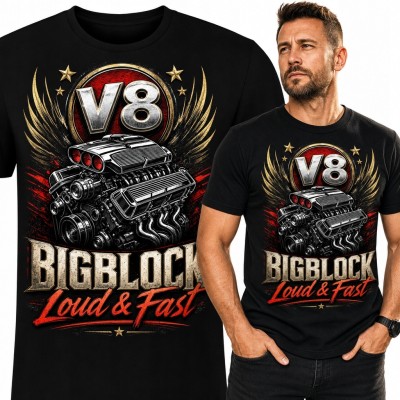 Koszulka męska z silnikiem V8 i napisem „V8 Big Block” - motoryzacyjna
