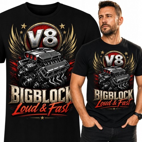 Koszulka męska z silnikiem V8 i napisem „V8 Big Block” - motoryzacyjna