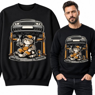 Bluza męska bez kaptura - kot mechanik pod samochodem