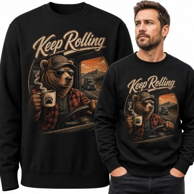 Bluza męska bez kaptura z niedźwiedziem kierowcą „Keep Rolling” - ciężarówka retro