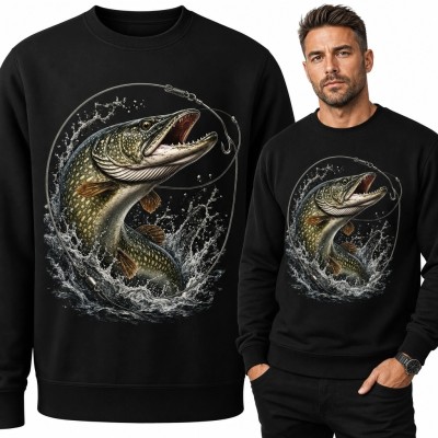 Bluza męska bez kaptura - szczupak atakujący przynętę