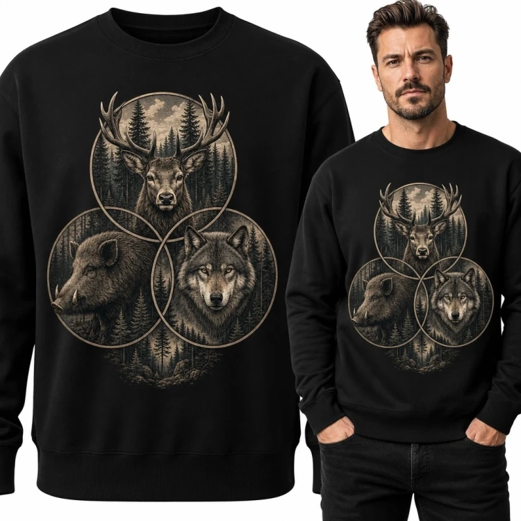 Bluza męska bez kaptura - jeleń, dzik i wilk w leśnej scenerii
