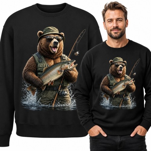 Bluza męska bez kaptura - niedźwiedź-wędkarz w okularach z rybą i rozbryzgiem wody