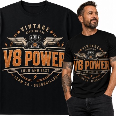 Koszulka męska z silnikiem V8 „V8 Power” - motoryzacyjny wzór retro