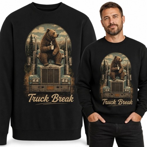 Bluza męska bez kaptura z niedźwiedziem i ciężarówką „Truck Break” - retro